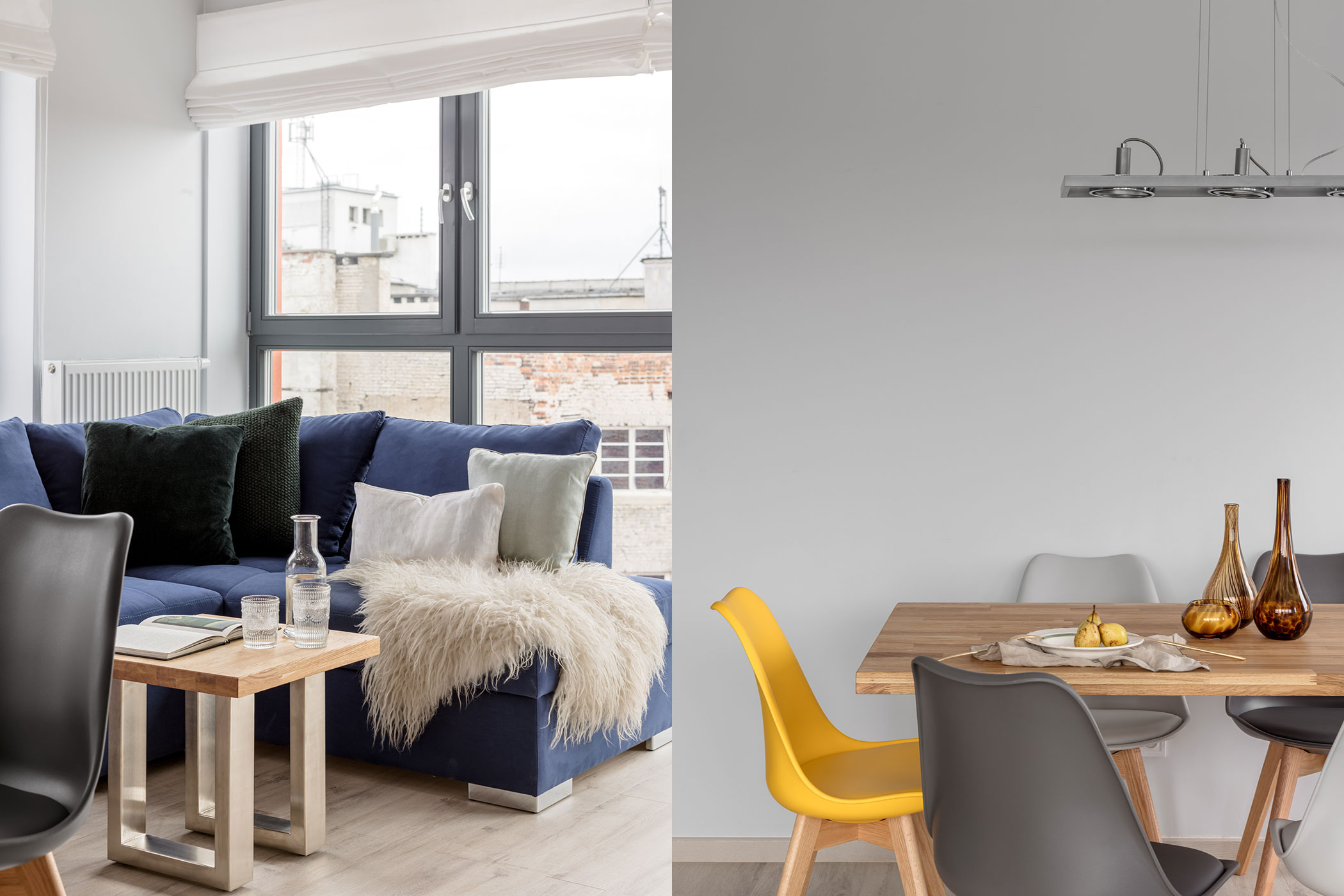 jadalnia z salonem z niebieskimi dodatkami