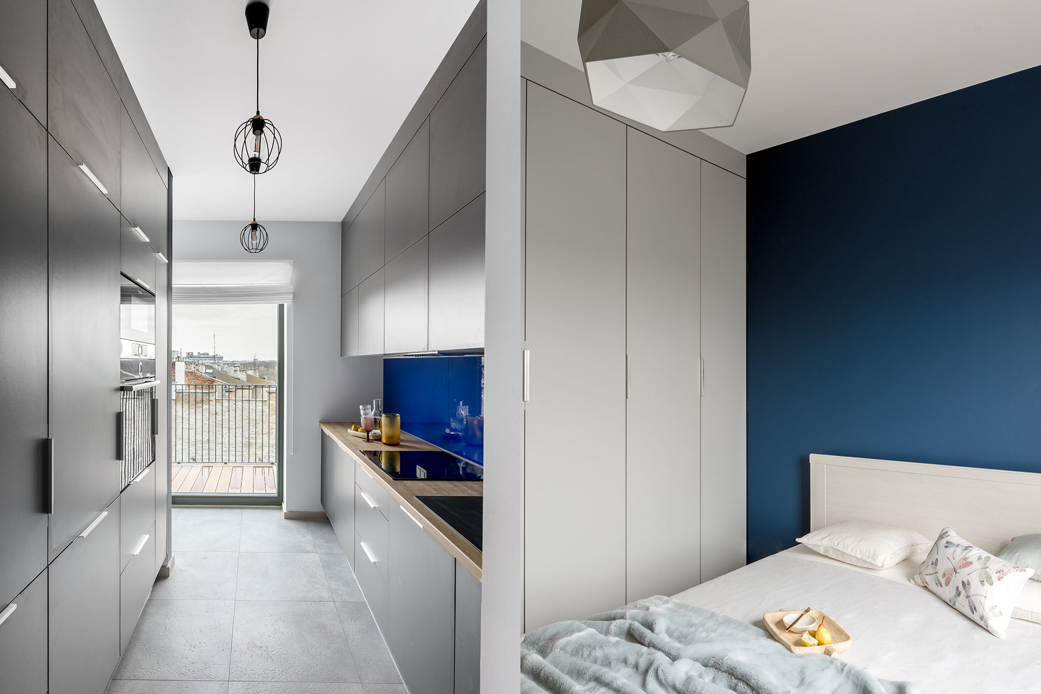 sypialnia i kuchnia w srebrno-niebieskim kolorze