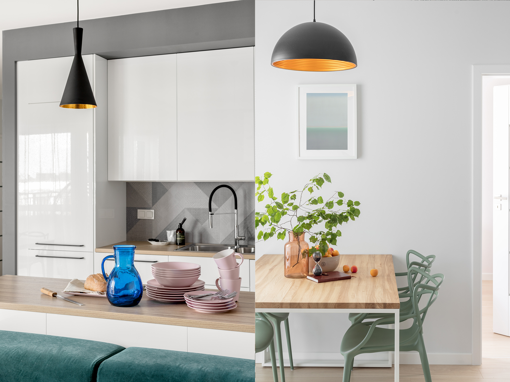 kuchnia z jadalnią w zielonych kolorach